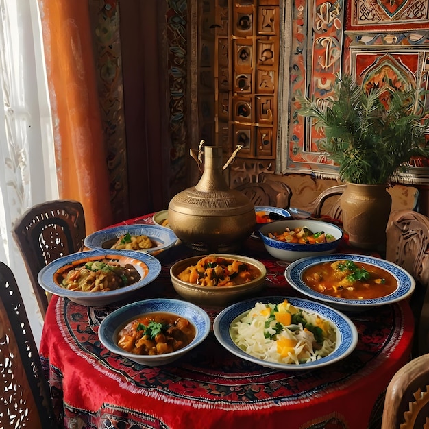 Foto farbenfrohe usbekische gerichte auf dem familientisch