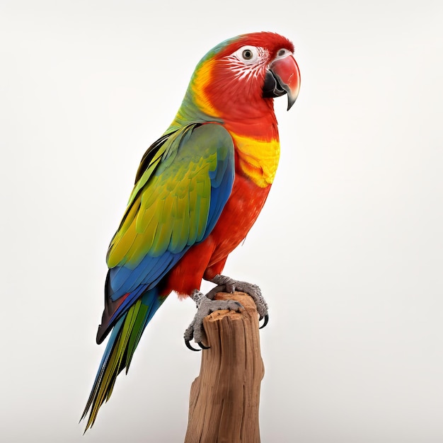 farbenfroher, auf weißem Hintergrund sitzender Papagei