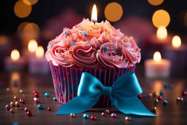 Farbenfroher Cupcake mit Kerzenschein und rosa Schleife als Geschenk, ein brennendes Fest des Glücks