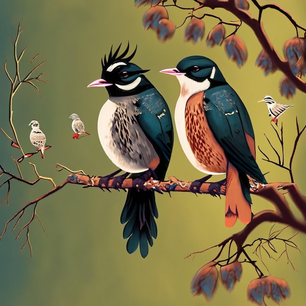 Farbenfroher exotischer Vogel, der auf dem Blumenzaun sitzt. Abstrakter Frühlingshintergrund, digitale KI-Kunst