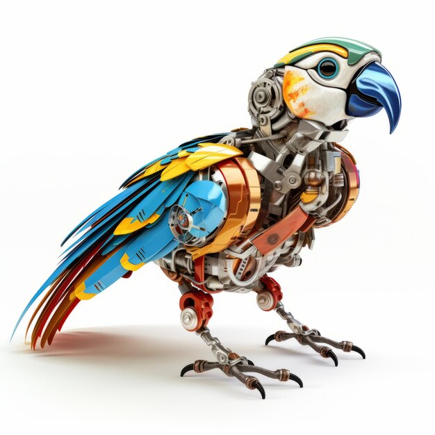 Farbenfroher, fröhlicher Papageienroboter-Robotervogel isoliert auf weißem Hintergrund