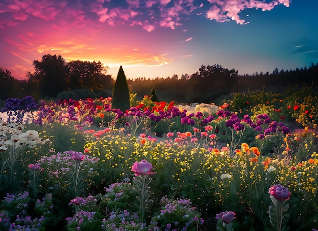 Foto farbenfroher himmelsabend im verträumten blumengarten