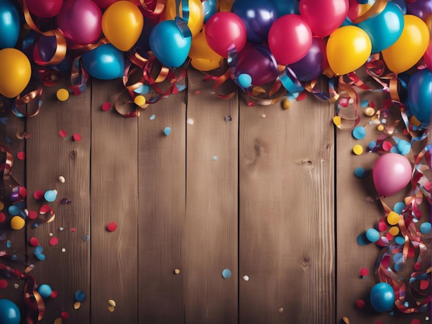 Foto farbenfroher karneval oder partyrahmen aus ballons rustikaler holzplatte