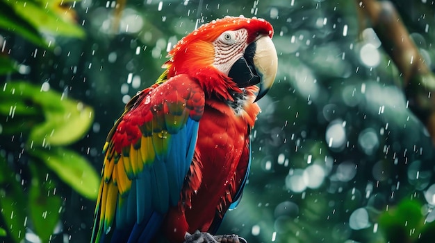 Farbenfroher Papagei sitzt auf einem Baumzweig im Regenwald