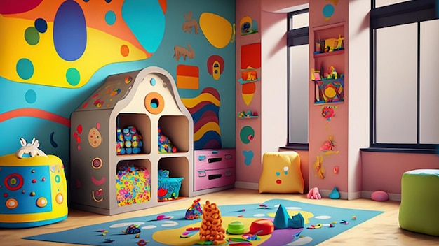 Farbenfroher Spielraum mit interaktiven Wandkleber und Spielzeugspeicher