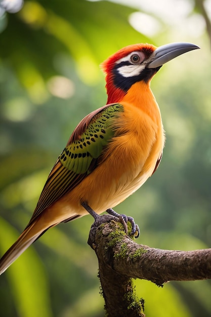 Farbenfroher tropischer Vogel im Dschungel an einem sonnigen Tag. Regenwald-Illustration mit leuchtend schönem Birdie zwischen exotischen Pflanzen mit großen Blättern. Hintergrund mit unberührter Naturlandschaft. Generative KI