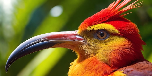 Farbenfroher tropischer Vogel im Dschungel an einem sonnigen Tag. Regenwald-Illustration mit leuchtend schönem Birdie zwischen exotischen Pflanzen mit großen Blättern. Hintergrund mit unberührter Naturlandschaft. Generative KI