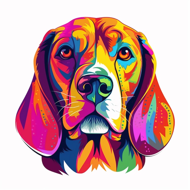 farbenfrohes Hundeporträt auf weißem Hintergrund mit farbenfrohem Hintergrund