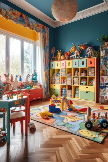 Farbenfrohes Kinderspielzimmer voller Spielzeug und Bücher, die mit generativer KI erstellt wurden