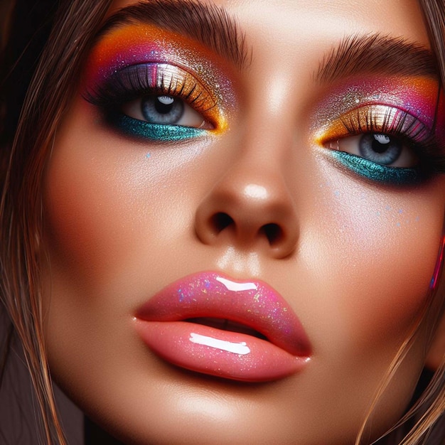 farbenfrohes Make-up Model Mädchen mit Augenschatten und Lippen helle Augen Make-up aussieht KI-generiert