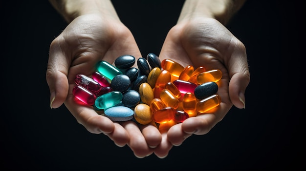 Farbenreiche Antidepressiva, die von oben gesehen werden, in den Händen gehalten vor einem schwarzen Hintergrund