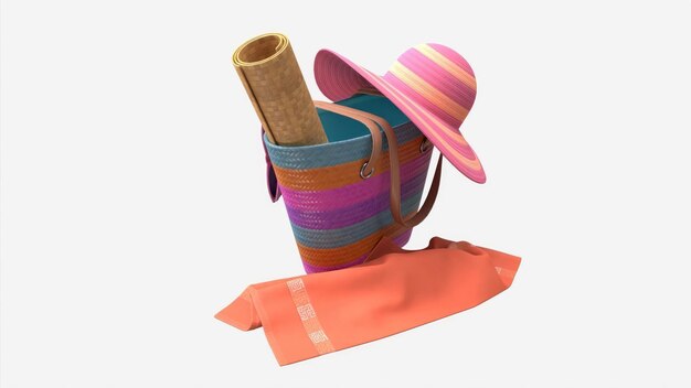 Foto farbgestreifte strandtasche mit strohhut 3d-modell