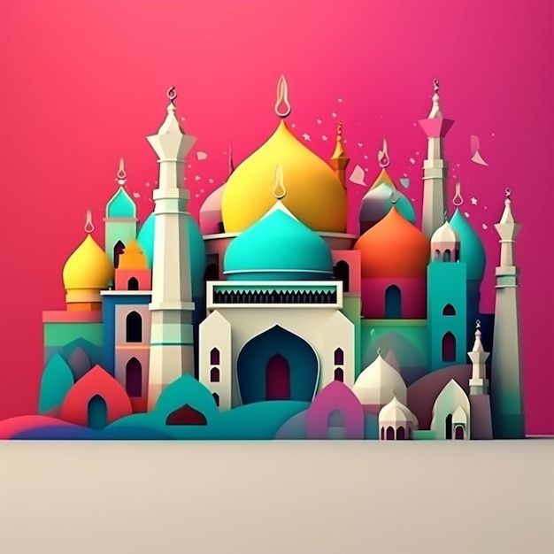 Farbige 3D-Moschee-Illustration von Ramadan Kareem