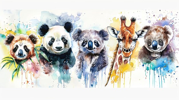 Farbige Aquarelle Panda Koala Giraffe und Lemuren