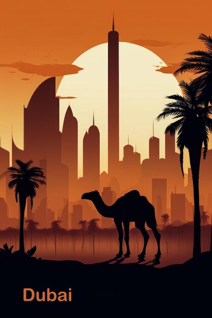 Farbige Aquarellzeichnung der Silhouette der Stadt Dubai