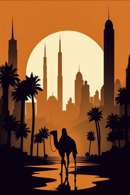 Farbige Aquarellzeichnung der Silhouette der Stadt Dubai