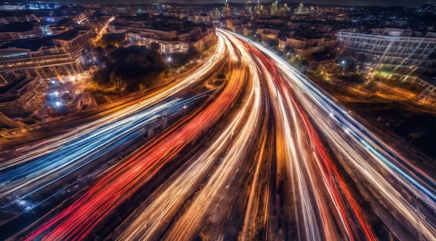 Foto farbige auto-lichtspuren lange belichtungsfoto in der nacht fantastische nachtszene top-view