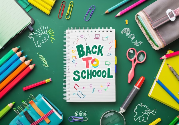 Farbige Back-to-School-Vorräte auf einem grünen Hintergrund
