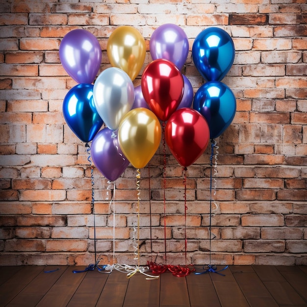 Farbige Ballons auf einer Backsteinwand 3D-Render