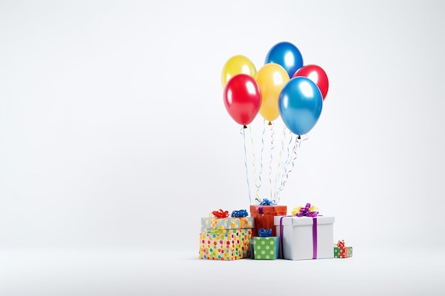 Farbige Ballons, die an Geschenkkisten auf weißem Hintergrund gebunden sind