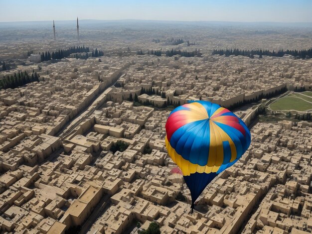 Farbige Ballons fliegen über Steinhäuser in der berühmten Stadt Kappadokien, Türkei.