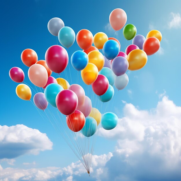 Farbige Ballons schwimmen am blauen Himmel und in weißen Wolken