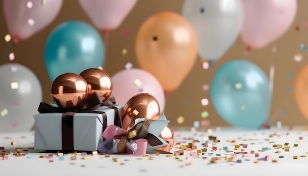 Farbige Ballons und Geschenke mit Bogen und Kugeln um Konfetti Neujahrsabend dunkler Hintergrund Banner mit Platz für Ihren eigenen Inhalt