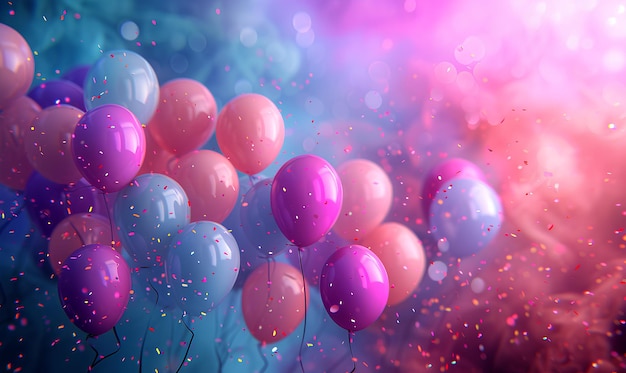 Foto farbige ballons und konfetti auf blauem hintergrund ausgewählter fokus geburtstag hintergrund
