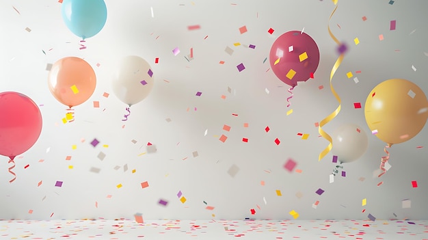 Farbige Ballons und Konfetti auf weißem Hintergrund 3D-Rendering