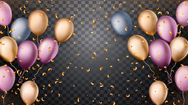 Farbige Ballons und Konfetti mit Bändern auf durchsichtigem Hintergrund Vektorillustration
