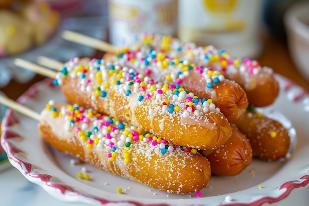 Foto farbige, besprengte sweet-corn-dogs auf einem stock, die auf einem dekorativen teller mit festlichem tisch serviert werden