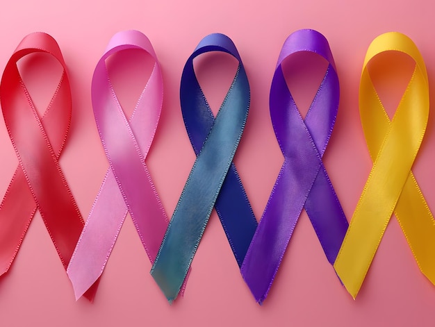 Farbige Bewusstseinsbänder auf rosa Hintergrund oberster Blick Krebskonzept