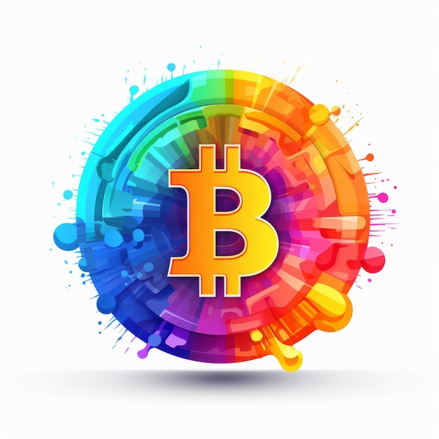 Farbige Bitcoin-Kunst auf weißem Hintergrund Ein psychedelischer Spritz geometrischer Abstraktionen
