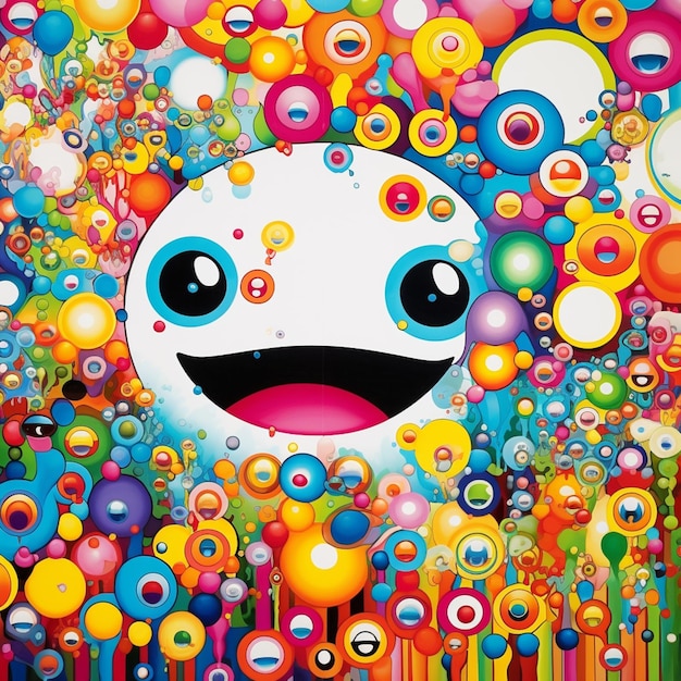 Farbige Blasen und lächelnde Gesichter umgeben einen farbenfrohen Hintergrund.
