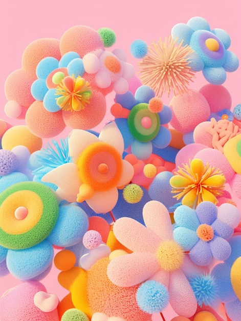 Farbige Blüten und Blasen sind auf einer rosa Oberfläche verstreut.