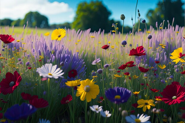 Farbige Blumenwiese im Sommer Wilde Blumen im Frühlingssonnenuntergang Generative ai