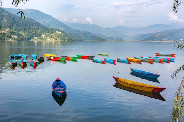 Farbige Boote am Ufer des wunderschönen Phewa-Sees in Pokhara, Nepal