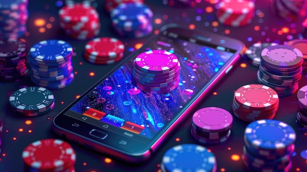 Farbige Casino-Chips mit Smartphone auf dem Tisch