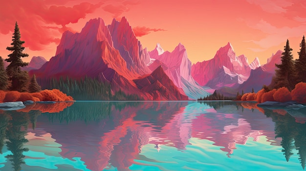 Farbige Darstellung einer Naturlandschaft mit Bergen und einem See im Sommer Generative KI