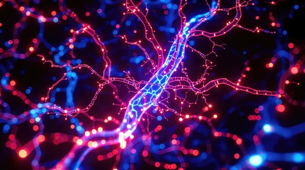 Farbige Darstellung von miteinander verbundenen Neuronen, die elektrische Aktivität in einer lebendigen digitalen Darstellung widerspiegeln Generative KI