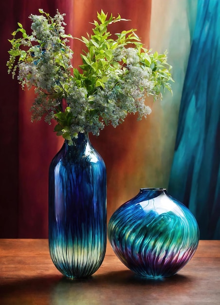 Farbige dekorative Glasvase mit grünem und blauem Muster auf dem Tisch Close up ai generative