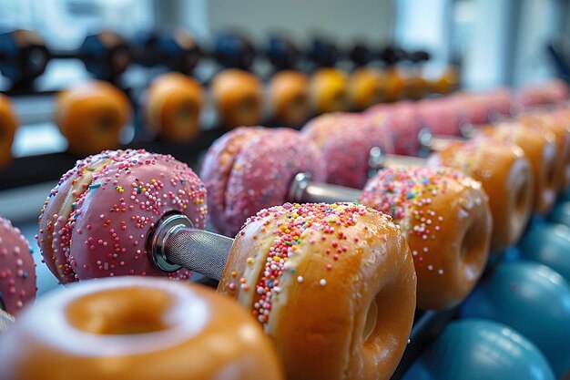 Farbige Donuts, die auf Hanteln in einem Fitnessstudio angeschlossen sind, ungesundes Lebensmittelkonzept