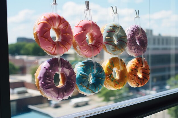 Farbige Donuts mit verschiedenen Geschmacksrichtungen mit verschiedenen Beschichtungen und Toppings in einem Schaufenster