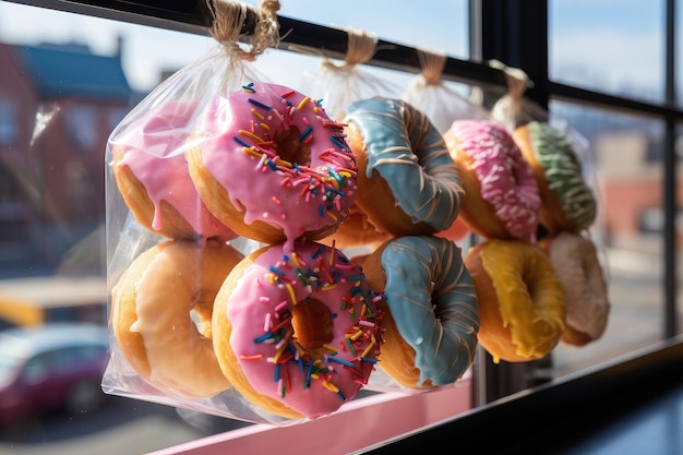 Farbige Donuts mit verschiedenen Geschmacksrichtungen mit verschiedenen Beschichtungen und Toppings in einem Schaufenster