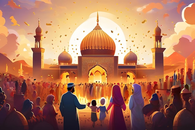 Farbige Eid al-Adha-Illustration Freudige Atmosphäre von Familien, die sich zu einer traditionellen Feier versammeln