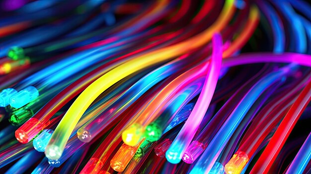 Farbige Elektrokabel und LED-Lichtwellenleiter-Hintergrund für Technologieimage und neue Geschäftstrends schufen Generative Ai