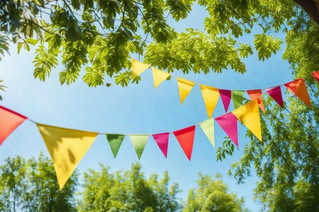 Farbige Fahnen hängen an einem Baum mit den Worten "Glücklicher Geburtstag"