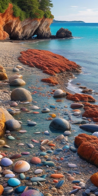 Farbige Felsen am Ufer eines Strandes im Kontrast zum blauen Wasser