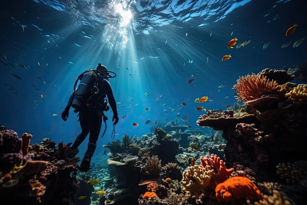 Farbige Fische nichts neben einem Entdecker Taucher in Recife generative IA