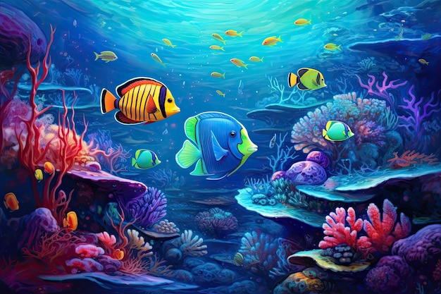 Farbige Fische schwimmen im Korallenriff unter Wasser